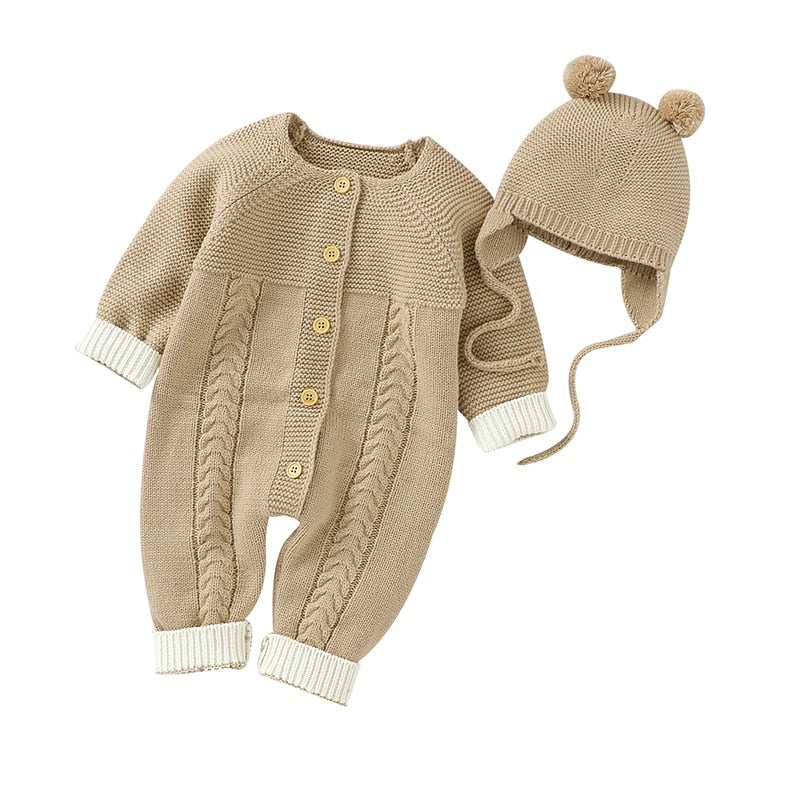 CuddlyKnits™ Cozy Baby Jumpsuit & Hat Set